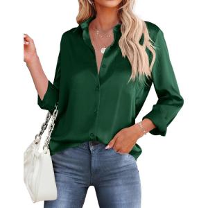 imageHOTOUCH Womens Satin Silk Shirts Button Down V Neck Dressy Casual Blouse Loose Long Sleeve Office Work Tunic TopsGreen