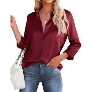 imageHOTOUCH Womens Satin Silk Shirts Button Down V Neck Dressy Casual Blouse Loose Long Sleeve Office Work Tunic TopsWine Red