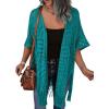 imageHOTOUCH Womens Knit Cardigan Open Front Outwear Hollow Out Crochet Tassel Lightweight Kimonos Sweater SXXLTeal