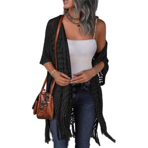 imageHOTOUCH Womens Knit Cardigan Open Front Outwear Hollow Out Crochet Tassel Lightweight Kimonos Sweater SXXLBlack