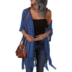 imageHOTOUCH Womens Knit Cardigan Open Front Outwear Hollow Out Crochet Tassel Lightweight Kimonos Sweater SXXLBlue