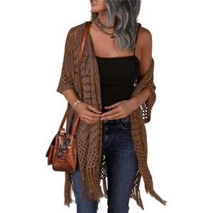 imageHOTOUCH Womens Knit Cardigan Open Front Outwear Hollow Out Crochet Tassel Lightweight Kimonos Sweater SXXLBrown