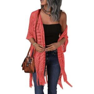 imageHOTOUCH Womens Knit Cardigan Open Front Outwear Hollow Out Crochet Tassel Lightweight Kimonos Sweater SXXLCoral
