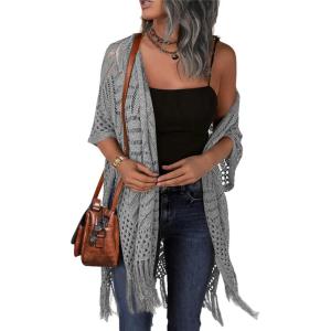 imageHOTOUCH Womens Knit Cardigan Open Front Outwear Hollow Out Crochet Tassel Lightweight Kimonos Sweater SXXLGrey
