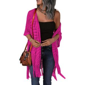 imageHOTOUCH Womens Knit Cardigan Open Front Outwear Hollow Out Crochet Tassel Lightweight Kimonos Sweater SXXLHot Pink