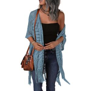 imageHOTOUCH Womens Knit Cardigan Open Front Outwear Hollow Out Crochet Tassel Lightweight Kimonos Sweater SXXLLight Blue