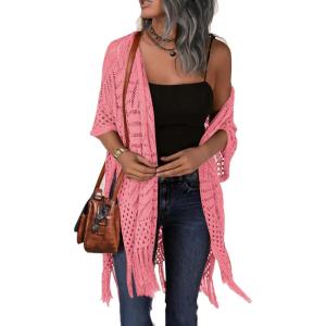 imageHOTOUCH Womens Knit Cardigan Open Front Outwear Hollow Out Crochet Tassel Lightweight Kimonos Sweater SXXLPink