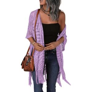 imageHOTOUCH Womens Knit Cardigan Open Front Outwear Hollow Out Crochet Tassel Lightweight Kimonos Sweater SXXLPurple