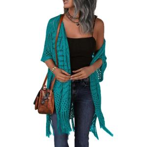 imageHOTOUCH Womens Knit Cardigan Open Front Outwear Hollow Out Crochet Tassel Lightweight Kimonos Sweater SXXLTeal