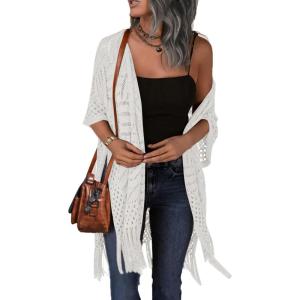 imageHOTOUCH Womens Knit Cardigan Open Front Outwear Hollow Out Crochet Tassel Lightweight Kimonos Sweater SXXLWhite