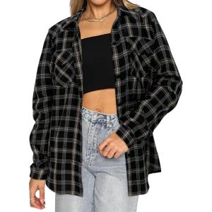 imageHOTOUCH Womens Long Roll Up Sleeve Cotton Flannels Plaid Shirts Classic Fit Button Down Shirt Blouses with PocketsBlack  White