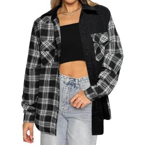 imageHOTOUCH Womens Long Roll Up Sleeve Cotton Flannels Plaid Shirts Classic Fit Button Down Shirt Blouses with PocketsBlack Colorblock