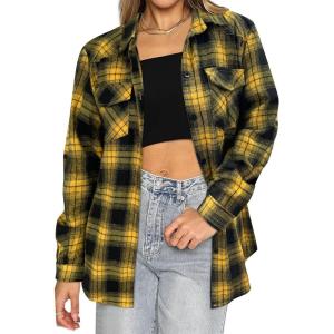 imageHOTOUCH Womens Long Roll Up Sleeve Cotton Flannels Plaid Shirts Classic Fit Button Down Shirt Blouses with PocketsBlackyellow
