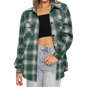 imageHOTOUCH Womens Long Roll Up Sleeve Cotton Flannels Plaid Shirts Classic Fit Button Down Shirt Blouses with PocketsGreen  White