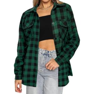 imageHOTOUCH Womens Long Roll Up Sleeve Cotton Flannels Plaid Shirts Classic Fit Button Down Shirt Blouses with PocketsGreen