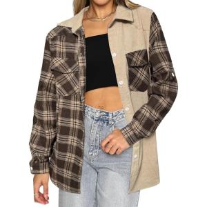 imageHOTOUCH Womens Long Roll Up Sleeve Cotton Flannels Plaid Shirts Classic Fit Button Down Shirt Blouses with PocketsKhaki Colorblock