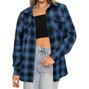 imageHOTOUCH Womens Long Roll Up Sleeve Cotton Flannels Plaid Shirts Classic Fit Button Down Shirt Blouses with PocketsNavy Blue