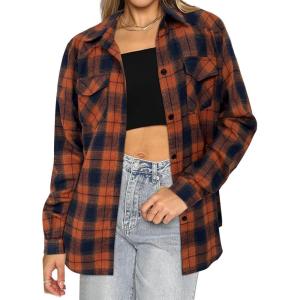 imageHOTOUCH Womens Long Roll Up Sleeve Cotton Flannels Plaid Shirts Classic Fit Button Down Shirt Blouses with PocketsOrange  Black