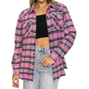 imageHOTOUCH Womens Long Roll Up Sleeve Cotton Flannels Plaid Shirts Classic Fit Button Down Shirt Blouses with PocketsPink  Black