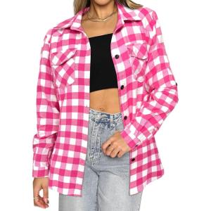 imageHOTOUCH Womens Long Roll Up Sleeve Cotton Flannels Plaid Shirts Classic Fit Button Down Shirt Blouses with PocketsPink