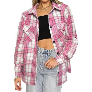imageHOTOUCH Womens Long Roll Up Sleeve Cotton Flannels Plaid Shirts Classic Fit Button Down Shirt Blouses with PocketsPinkwhite