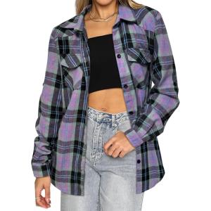 imageHOTOUCH Womens Long Roll Up Sleeve Cotton Flannels Plaid Shirts Classic Fit Button Down Shirt Blouses with PocketsPurplegreen