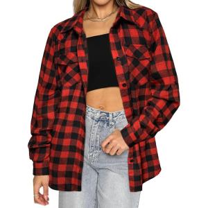 imageHOTOUCH Womens Long Roll Up Sleeve Cotton Flannels Plaid Shirts Classic Fit Button Down Shirt Blouses with PocketsRed