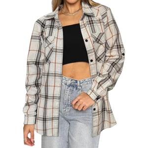 imageHOTOUCH Womens Long Roll Up Sleeve Cotton Flannels Plaid Shirts Classic Fit Button Down Shirt Blouses with PocketsWhite  Khaki