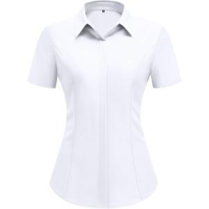 imageHOTOUCH Women Short Sleeve Button Down Shirts Business Work Fitted Collared Blouse Office Basic 2025 Tops S2XLA01white