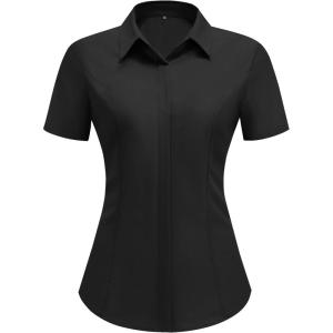 imageHOTOUCH Women Short Sleeve Button Down Shirts Business Work Fitted Collared Blouse Office Basic 2025 Tops S2XLAblack