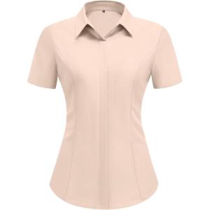 imageHOTOUCH Women Short Sleeve Button Down Shirts Business Work Fitted Collared Blouse Office Basic 2025 Tops S2XLKhaki