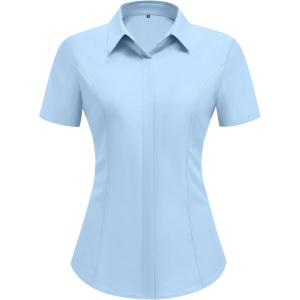 imageHOTOUCH Women Short Sleeve Button Down Shirts Business Work Fitted Collared Blouse Office Basic 2025 Tops S2XLLight Blue