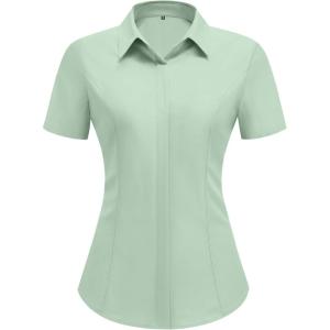 imageHOTOUCH Women Short Sleeve Button Down Shirts Business Work Fitted Collared Blouse Office Basic 2025 Tops S2XLLight Green