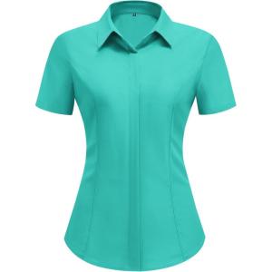 imageHOTOUCH Women Short Sleeve Button Down Shirts Business Work Fitted Collared Blouse Office Basic 2025 Tops S2XLMint Green