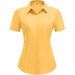 imageHOTOUCH Women Short Sleeve Button Down Shirts Business Work Fitted Collared Blouse Office Basic 2025 Tops S2XLMustard