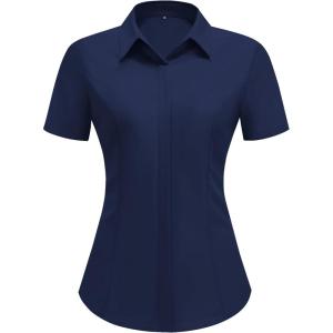 imageHOTOUCH Women Short Sleeve Button Down Shirts Business Work Fitted Collared Blouse Office Basic 2025 Tops S2XLNavy Blue