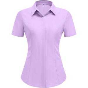 imageHOTOUCH Women Short Sleeve Button Down Shirts Business Work Fitted Collared Blouse Office Basic 2025 Tops S2XLPurple