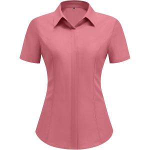 imageHOTOUCH Women Short Sleeve Button Down Shirts Business Work Fitted Collared Blouse Office Basic 2025 Tops S2XLRusty Rose