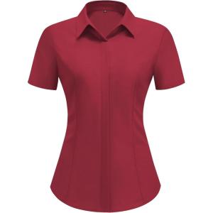 imageHOTOUCH Women Short Sleeve Button Down Shirts Business Work Fitted Collared Blouse Office Basic 2025 Tops S2XLWine Red