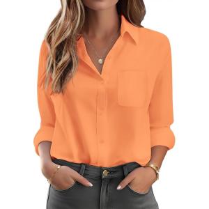 imageHOTOUCH Womens Button Down Shirt Cotton V Neck Work Office Blouse Dressy Casual Long Sleeve Tops with PocketPeach