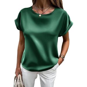 imageHOTOUCH Womens Short Sleeve Pullover Blouses Satin Silk Shirts Casual Loose Work Tunic TopsGreen