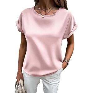 imageHOTOUCH Womens Short Sleeve Pullover Blouses Satin Silk Shirts Casual Loose Work Tunic TopsMisty Rose