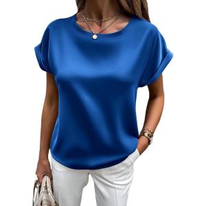 imageHOTOUCH Womens Short Sleeve Pullover Blouses Satin Silk Shirts Casual Loose Work Tunic TopsSnorkel Blue