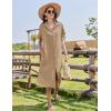 imageHOTOUCH Womens Button Down Shirt Dress Cotton Linen Summer Midi Dresses Short Sleeve Casual Loose Beach Dress with PocketsBeige