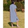 imageHOTOUCH Womens Button Down Shirt Dress Cotton Linen Summer Midi Dresses Short Sleeve Casual Loose Beach Dress with PocketsBlue Stripe