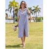 imageHOTOUCH Womens Button Down Shirt Dress Cotton Linen Summer Midi Dresses Short Sleeve Casual Loose Beach Dress with PocketsBlue Stripe