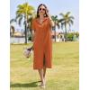 imageHOTOUCH Womens Button Down Shirt Dress Cotton Linen Summer Midi Dresses Short Sleeve Casual Loose Beach Dress with PocketsBrick Red