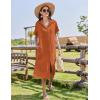 imageHOTOUCH Womens Button Down Shirt Dress Cotton Linen Summer Midi Dresses Short Sleeve Casual Loose Beach Dress with PocketsBrick Red