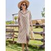 imageHOTOUCH Womens Button Down Shirt Dress Cotton Linen Summer Midi Dresses Short Sleeve Casual Loose Beach Dress with PocketsBrown Stripe