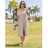 imageHOTOUCH Womens Button Down Shirt Dress Cotton Linen Summer Midi Dresses Short Sleeve Casual Loose Beach Dress with PocketsBrown Stripe